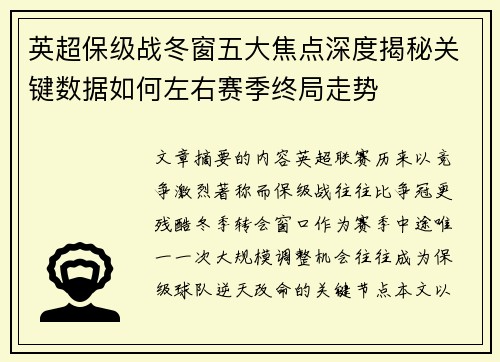 英超保级战冬窗五大焦点深度揭秘关键数据如何左右赛季终局走势 英超保级战冬窗五大焦点深度揭秘关键数据如何左右赛季终局走势